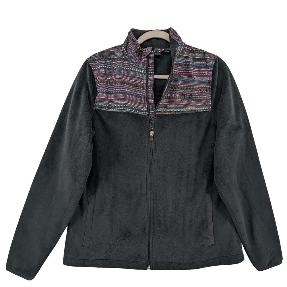 Fila Sport Faux Fur Fleece Jacket M Black Full Zip Tribal Boho Long Sleeve Layer